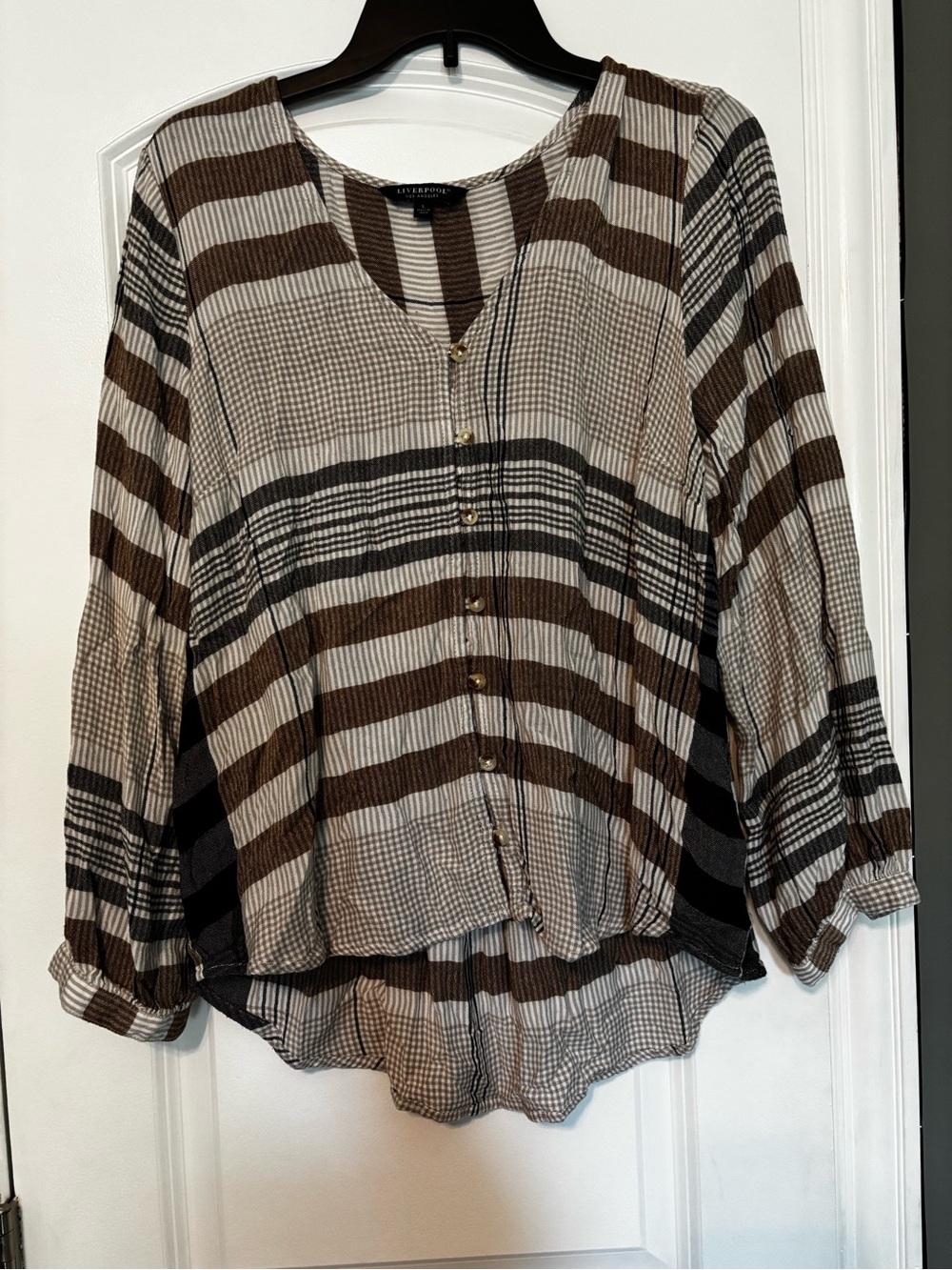 100% Viscose Liverpool Brown & Cream Striped Button-Down Top Large